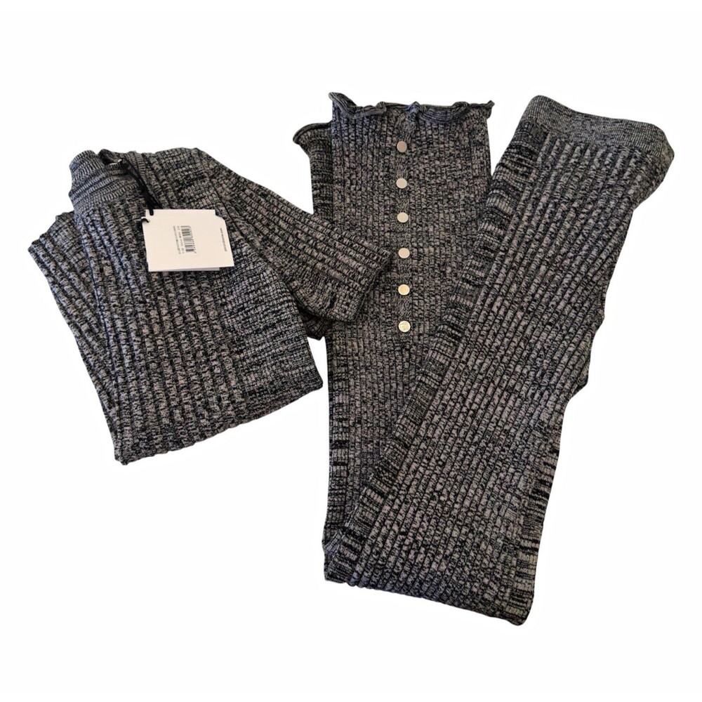 Paco Rabanne XS 2PC Merino Wool Knit Sweater & Flare Pants Set Gray Black Marled